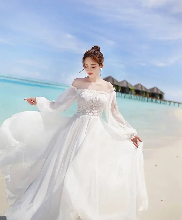 Dresses for Women Summer New Chiffon off-Shoulder Dress White Dress Vestido De Mujer