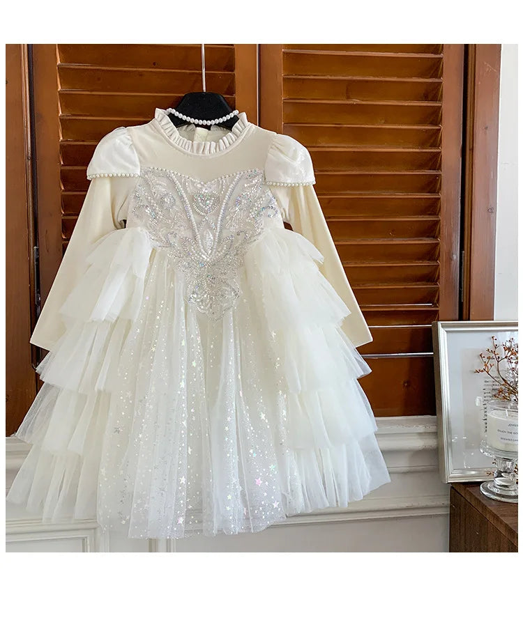 Girls' Winter Dress Light Luxury High End Birthday Banquet Performance Flower Girl Sleeve Thickened Skirt Plush Princess Dress