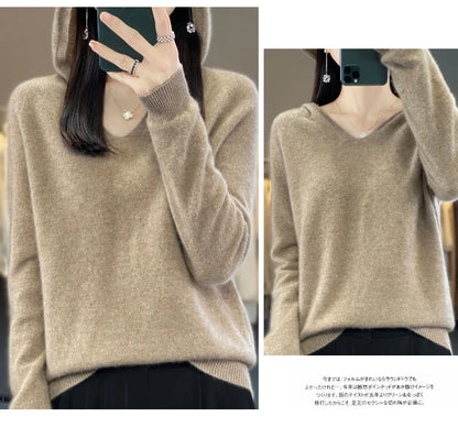 2024 100% Merino Pure Wool V-neck Hoodie Autumn/Winter Hoodie New Cashmere Sweater Women's Casual Knitted Top DMR207