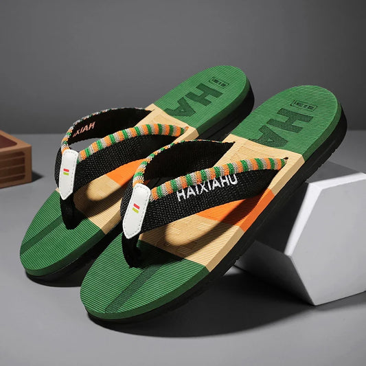 Men Slides Cloth Tape Woven Color Matching Stripe Wear-resistant Slippers Size 39-45