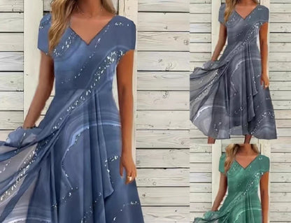 Women Summer New Dress Casual Fashion Chiffon Splicing Short Sleeve V Neck High Waist Dress