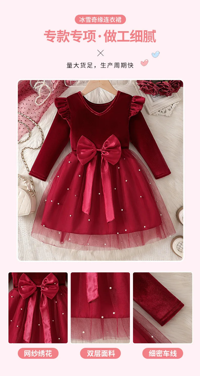 2025 Autumn Winter Girls' Christmas Party Dress with Bow, Elegant Princess Gown for Holiday Pageant & Formal Events