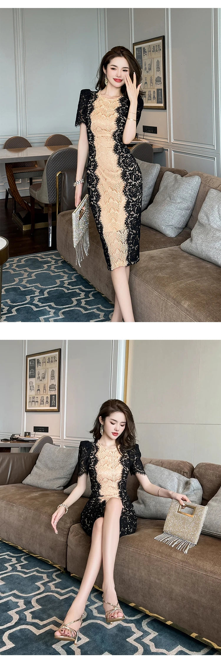 Fashion Summer Elegant Evening Dress For Women Lace Chic Short Sleeve Slim Midi Party Gown Mujer Stretchy Vestido Street Clothes