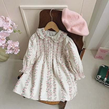 Girls Dress 2025 Autumn New French Floral Doll Collar Style Handmade Embracing Long Sleeve Childrens Princess Skirt