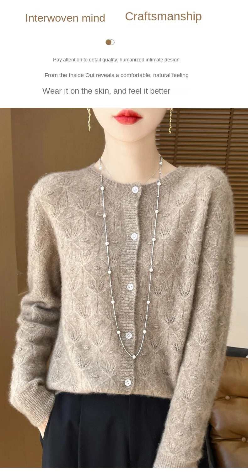 2024 Autumn And Winter New Round Neck Hollowed Out 100 Wool Knitted Cardigan Women's Versatile Coat Loose Casual Sweater DMR281