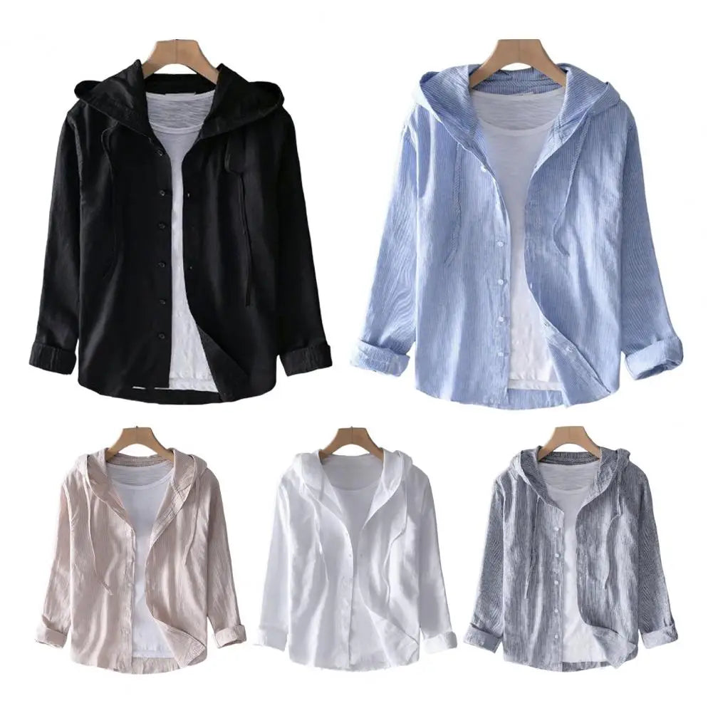 Men Summer Shirt Sun Anti UV Long Sleeve Hooded Drawstring Single breasted Soft Loose Breathable Cardigan Coat Top