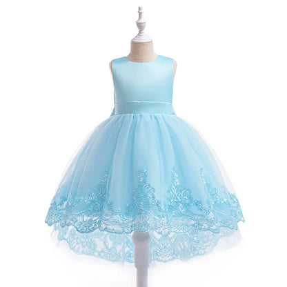 Trailing Party Dresses For Girl Pink Flower Bow Wedding Bridesmaid Girls Dress Elegant Tulle Birthday Princess Evening Prom Gown