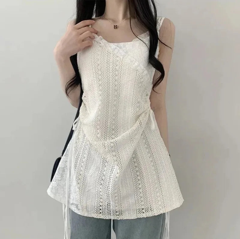 Summer Dress Women Chic French Lace Stitching Sling Shirt Stacked Gauze Knitted Dress Overskirt Inner Wear Base Short Dress