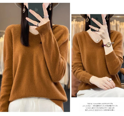 2024 100% Merino Pure Wool V-neck Hoodie Autumn/Winter Hoodie New Cashmere Sweater Women's Casual Knitted Top DMR207