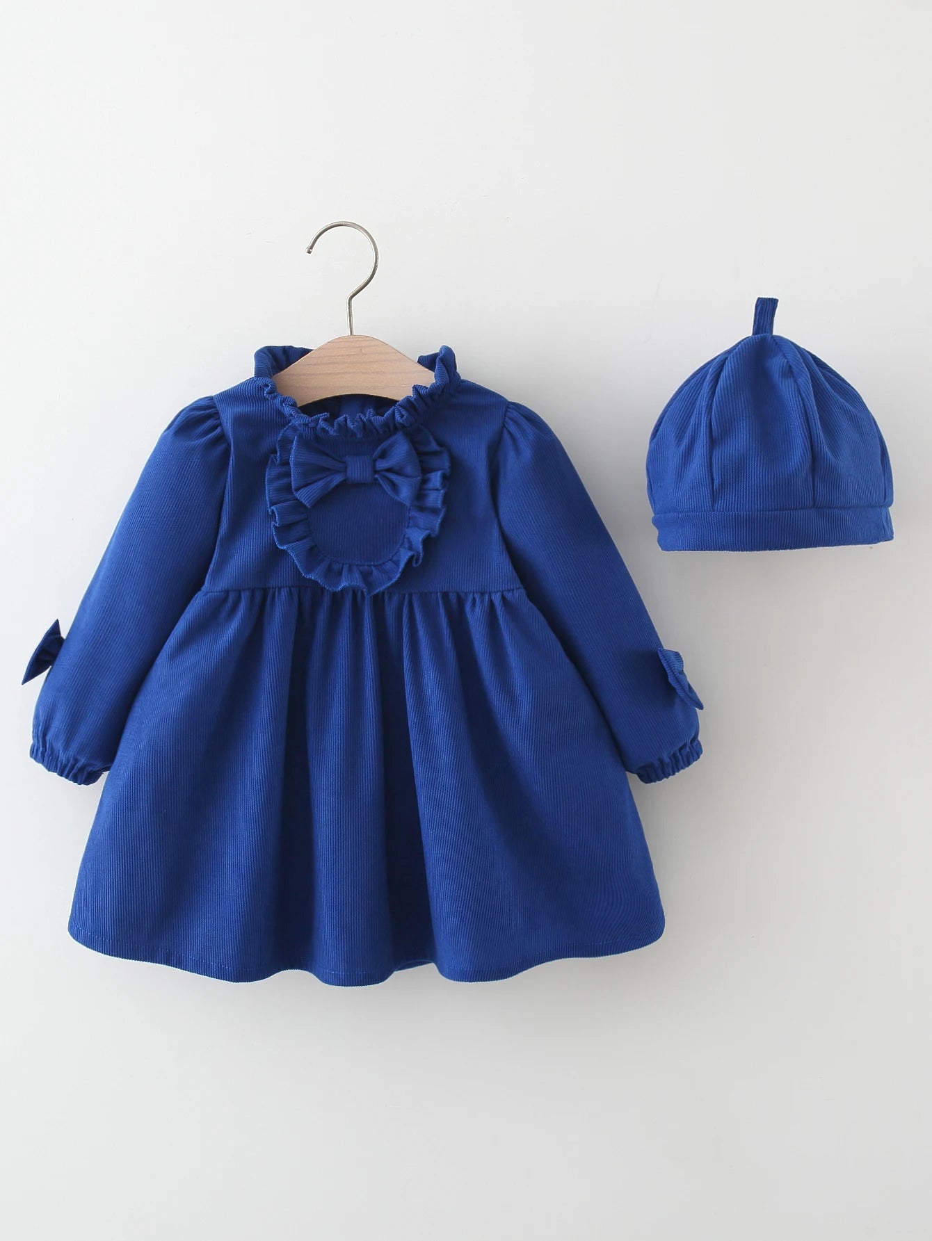 Winter New Girls' Dress Lace Pleated Bow Solid Color Two-Piece Long-Sleeved Dress + Cap Puffed Sleeve Lace Neckline