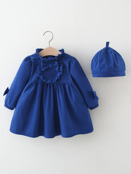 Winter New Girls' Dress Lace Pleated Bow Solid Color Two-Piece Long-Sleeved Dress + Cap Puffed Sleeve Lace Neckline