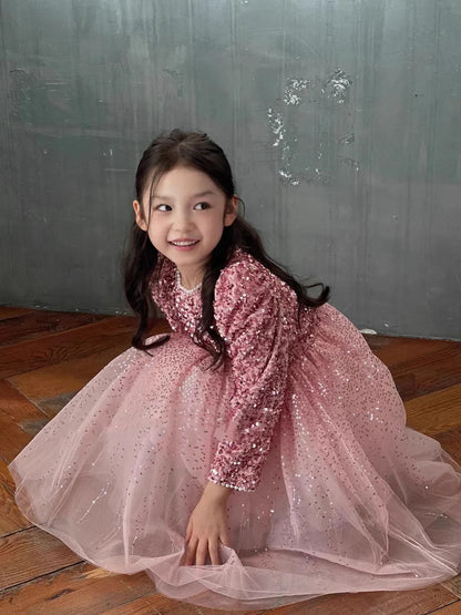 Winter Baby Girls Sequin Work Fleece Lined 4-Layer Mesh Zip Back Dresses with Head Veil Kids Outfit Children Sweet Skirt 2-8 Yr