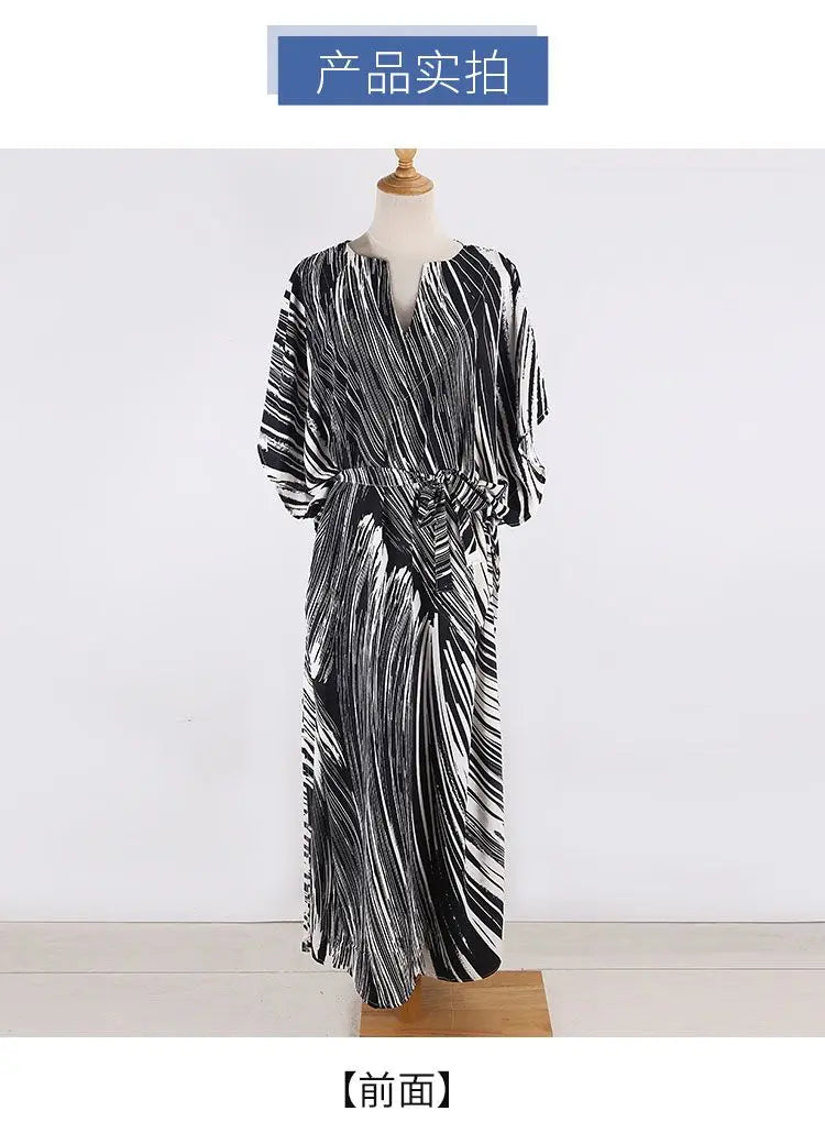 Women's Dress Fashion Beach Vacation Striped Printed Robe 2023 Summer New Casual Vintage Loose Waist V-Neck Long Dresses Female