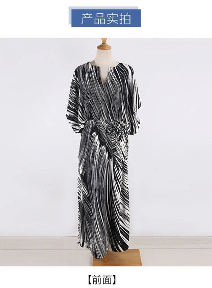Women's Dress Fashion Beach Vacation Striped Printed Robe 2023 Summer New Casual Vintage Loose Waist V-Neck Long Dresses Female