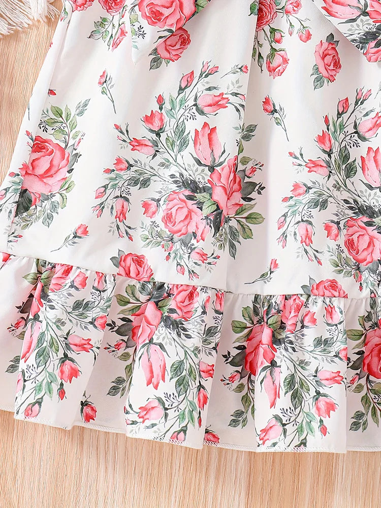 Girls' Summer Romantic Floral Pattern Spliced Dress   Ruffle Hem Belt Casual Vacation Halter Dress