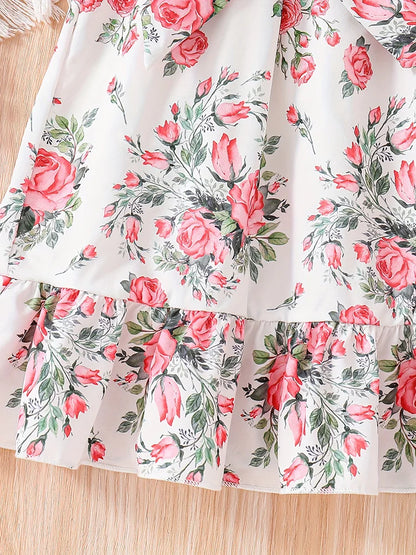 Girls' Summer Romantic Floral Pattern Spliced Dress   Ruffle Hem Belt Casual Vacation Halter Dress
