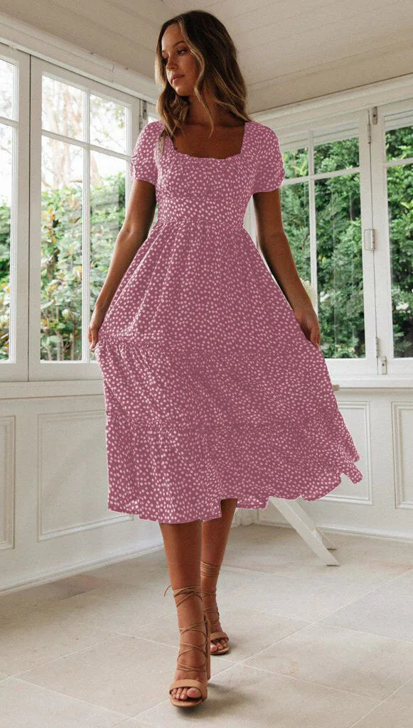 Summer Women's Beach Sweet Dresses Vestidos Vintage Print Puff Sleeve Casual Square Collar Floral Female Maxi Long Dress