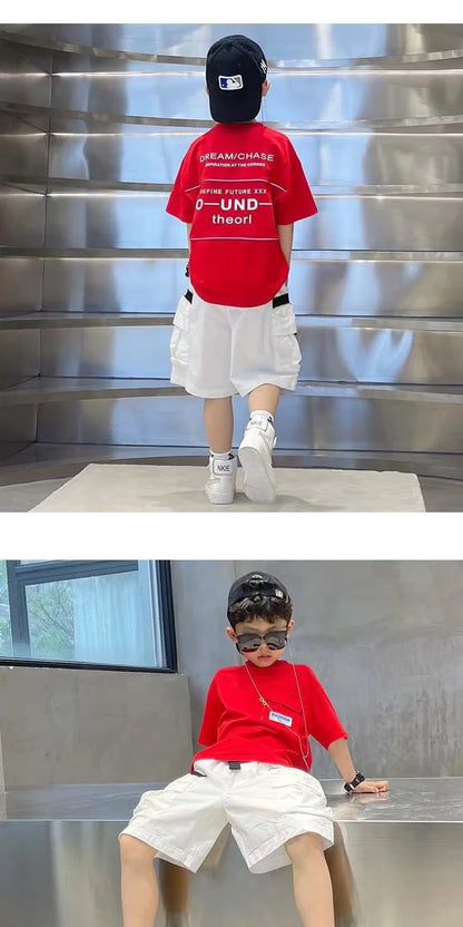 Boys Summer Set 2024 New Western Style Summer Children's Korean Loose Short Sleeved Workwear Two Piece Set Trendy