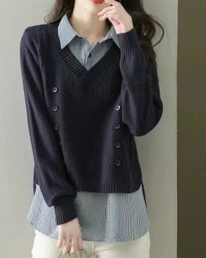 New Fake Two Piece Top Knit Sweater Women's Splice Shirt Collar Spring Autumn  Korean Loose Long Sleeve Sweater Female Pullover