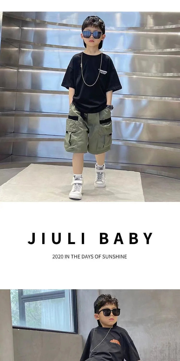 Boys Summer Set 2024 New Western Style Summer Children's Korean Loose Short Sleeved Workwear Two Piece Set Trendy