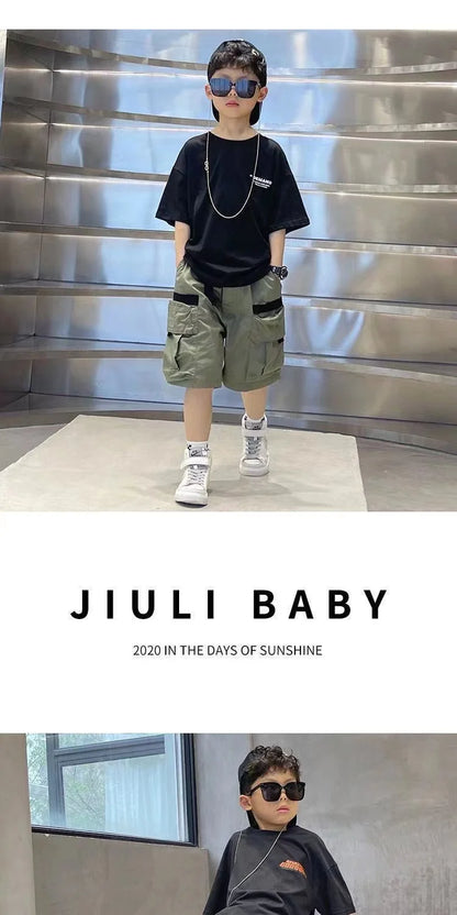 Boys Summer Set 2024 New Western Style Summer Children's Korean Loose Short Sleeved Workwear Two Piece Set Trendy