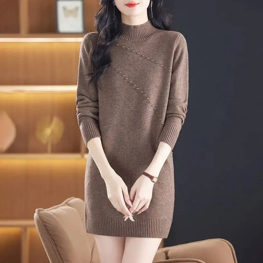 New Vintage Autumn Women's Clothing Half Turtleneck Warm Winter Sweater Dress Long Sleeve Pollovers Top Female Knitwear Jumper