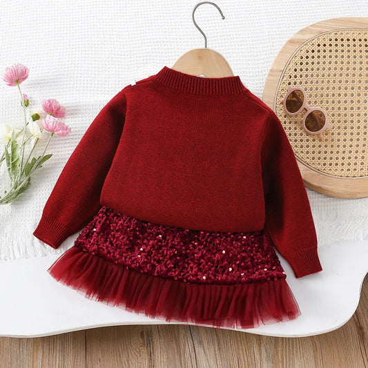 Girls Dress Clothes Sets Autumn Winter Children Woolen Jersey Sweaters Coats Skirts Kids Princess Suit For Baby Knitted Outfits