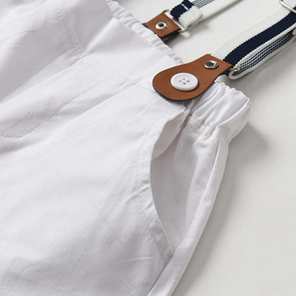 Baby Boys Summer Short Sleeve Lapel Bow Tie Romper with Suspender Shorts Beret Christening Birthday Wedding Party Gentlemen Suit