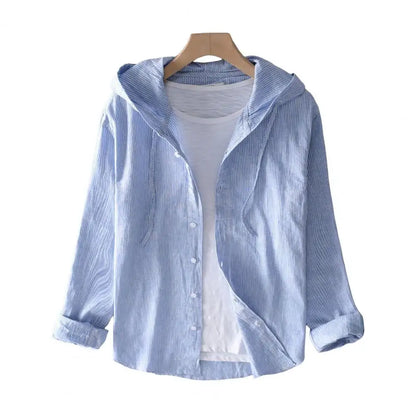 Men Summer Shirt Sun Anti UV Long Sleeve Hooded Drawstring Single breasted Soft Loose Breathable Cardigan Coat Top