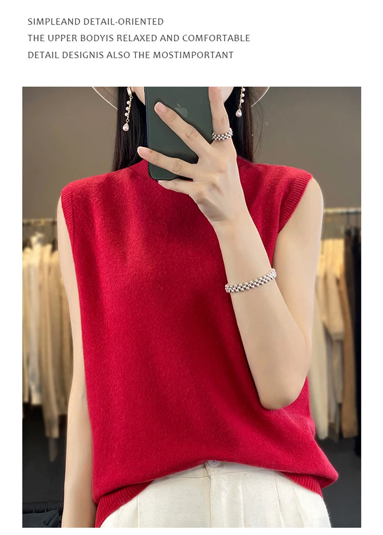 2024 Cashmere Vest Women's 100% Merino Wool Pullover Indoor Sleeveless Sweater Half-turtleneck Office Tops Waistcoat