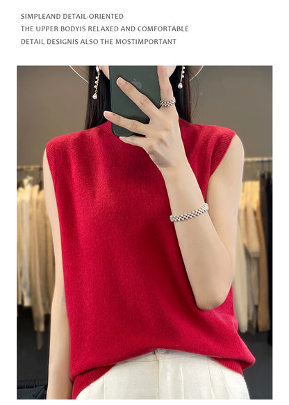2024 Cashmere Vest Women's 100% Merino Wool Pullover Indoor Sleeveless Sweater Half-turtleneck Office Tops Waistcoat