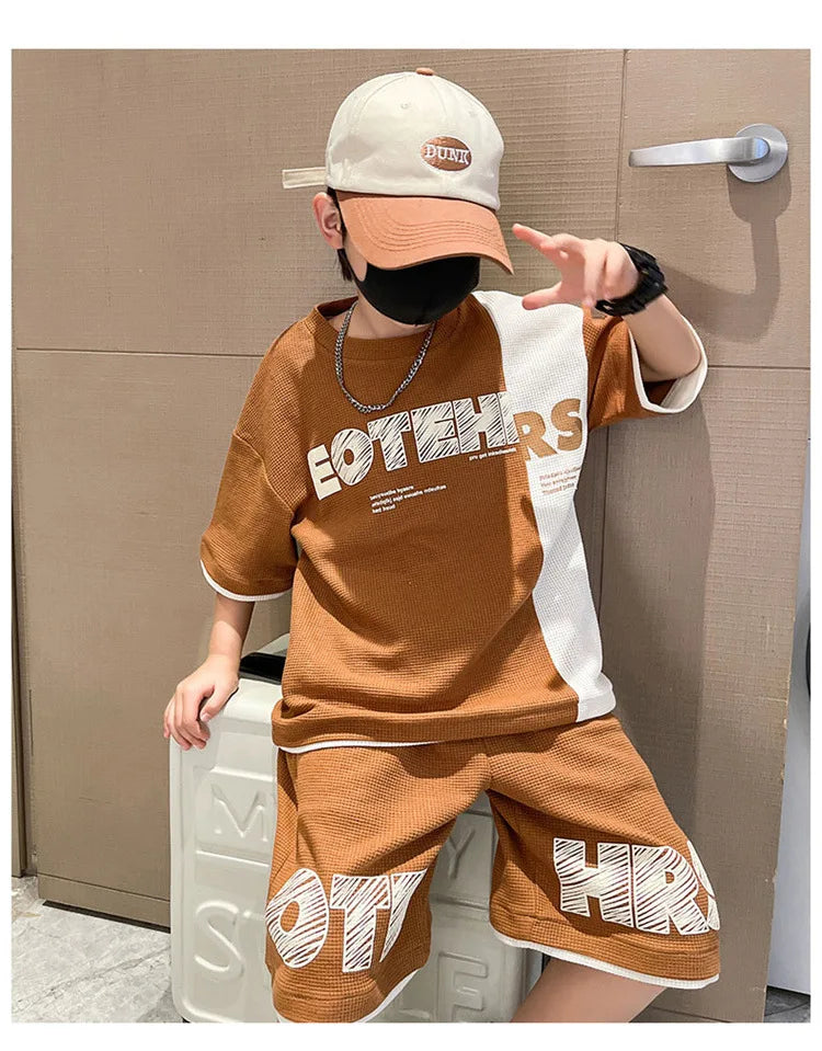 4 5 6 8 10 12 14 Years Summer Boys Clothing Sets New Fashion Letter Top + Shorts 2Pcs Kids Tracksuit Birthday Gifts Kids Clothes
