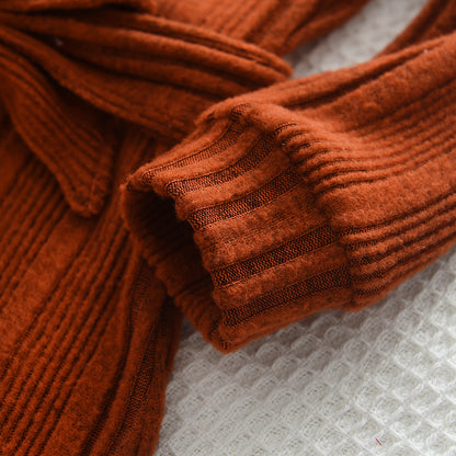 Girls' Woolen Dress 2023 New Children's Autumn Winter New High Neck Flying Sleeve Lace up Knitted Long Sleeve Dress