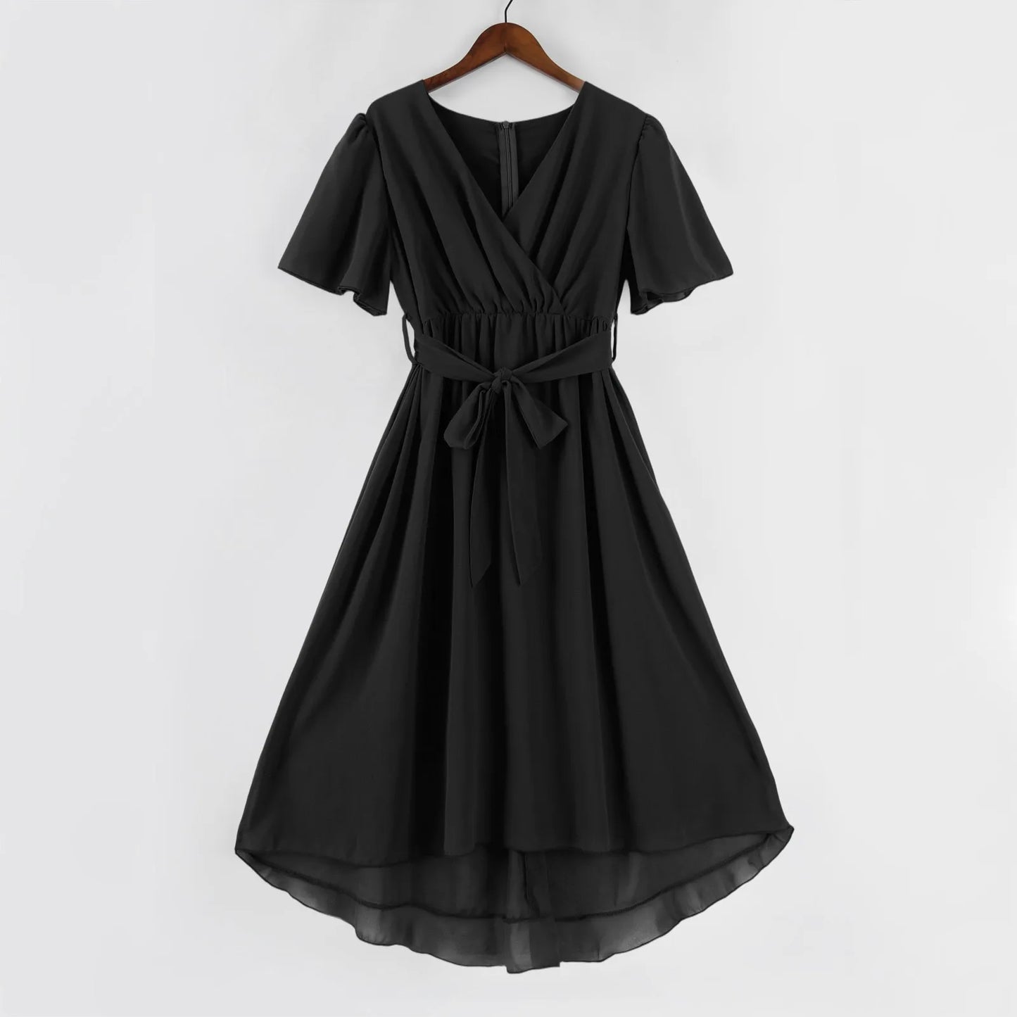 Women Summer Thin Dress Daily Casual Fashion Wrinkles V-Neck Waist Cinching A-Line Zipper Dress Lightweight Comfy Vacation Dress