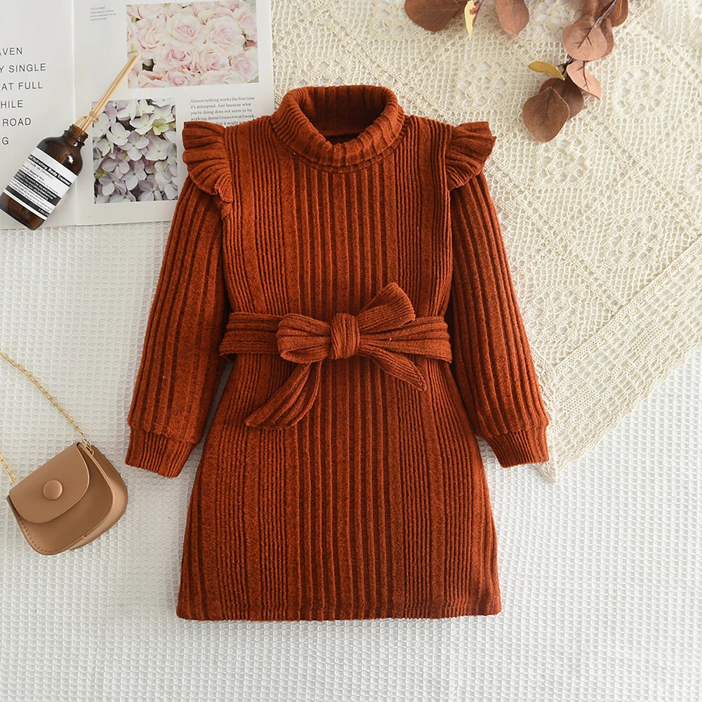 Girls' Woolen Dress 2023 New Children's Autumn Winter New High Neck Flying Sleeve Lace up Knitted Long Sleeve Dress
