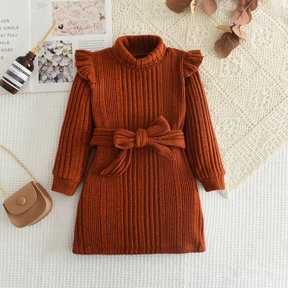 Girls' Woolen Dress 2023 New Children's Autumn Winter New High Neck Flying Sleeve Lace up Knitted Long Sleeve Dress