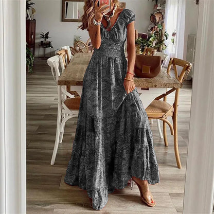 Women's Summer New Ethnic Style Printed Dress  Short-sleeved Waist Dress Fashionable Floral Petal Sleeves Large Hem A-line Dress