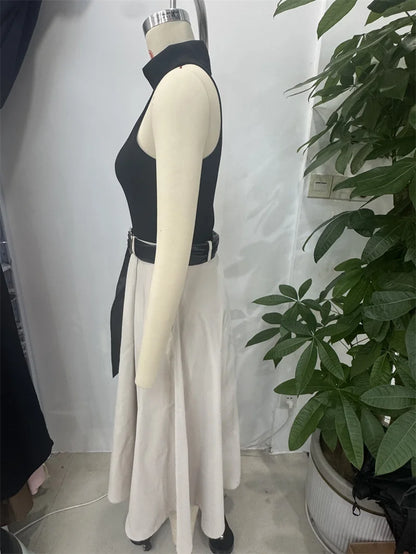 Women's Dress Summer 2025 New Color-blocked Sleeveless Belt Embellished Dress Long Dress Casual Fashion Temperament Elegance