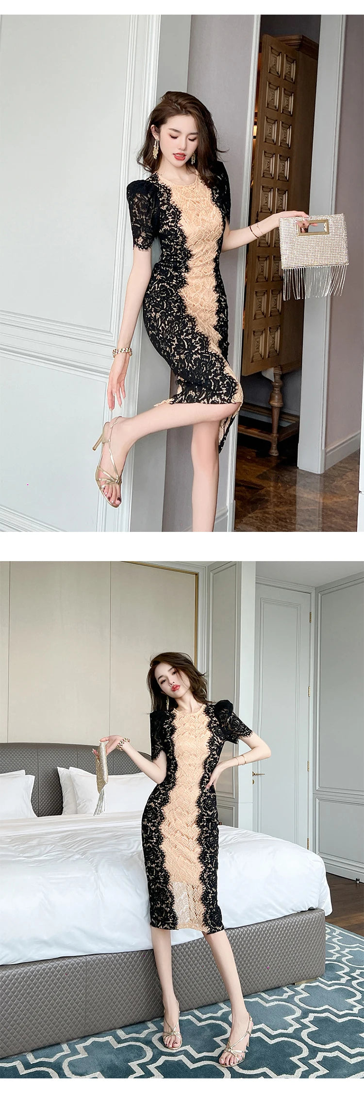 Fashion Summer Elegant Evening Dress For Women Lace Chic Short Sleeve Slim Midi Party Gown Mujer Stretchy Vestido Street Clothes