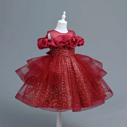 New Girl's Wedding Evening Dress Petal Sequin Mesh Sleeveless Dress Birthday Party School Graduation Party Dress