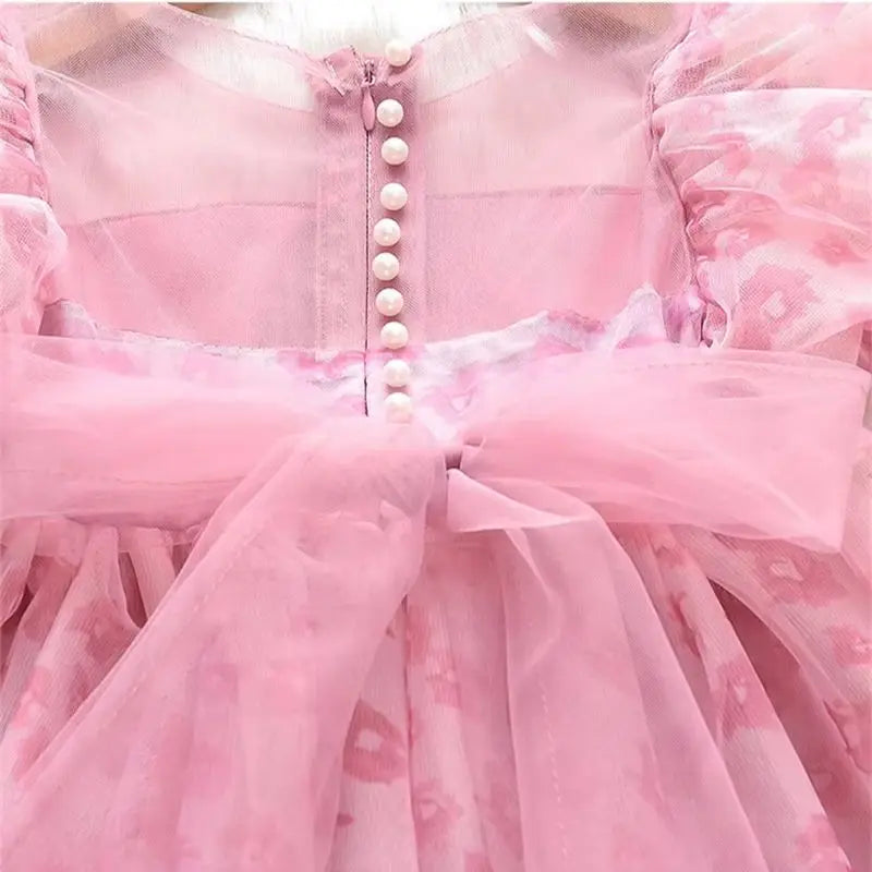 Summer Dress For Girls Children's Clothing Pink Floral Puff Sleeve Dress Baby Chiffon Princess Dress For Daily Holiday Dresses