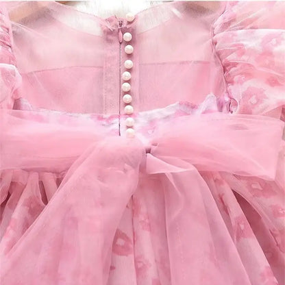 Summer Dress For Girls Children's Clothing Pink Floral Puff Sleeve Dress Baby Chiffon Princess Dress For Daily Holiday Dresses