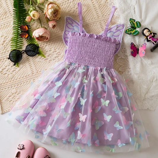 Baby Girl Party Princess Dress Summer Toddler 3d Fairy Butterfly Wings Sleeveless Tulle Sling Dress Children Birthday Party Gown