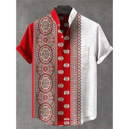 Men's summer shirt, fashionable stand up collar short sleeved cardigan, ethnic tribal printed pocket, linen breathable men's top