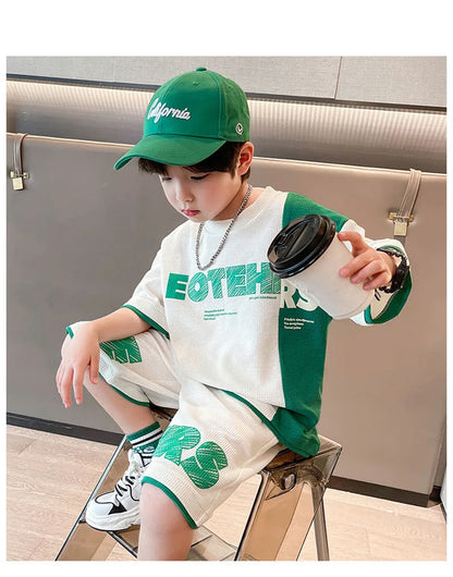 4 5 6 8 10 12 14 Years Summer Boys Clothing Sets New Fashion Letter Top + Shorts 2Pcs Kids Tracksuit Birthday Gifts Kids Clothes
