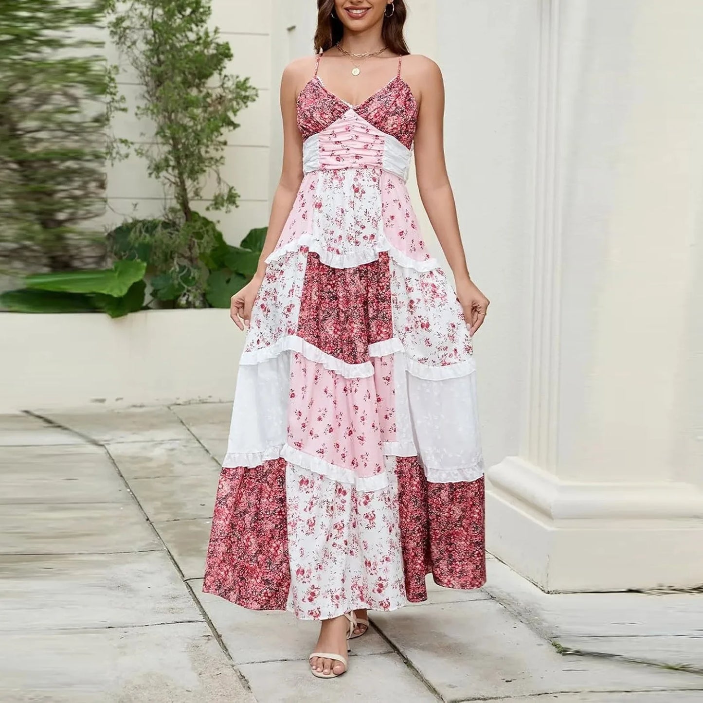 Women'S Spring/Summer Casual V-Neck Floral Printed Beach Midi Dresses Vestido Mujer Summer Dress Robe Femmes Dress Women