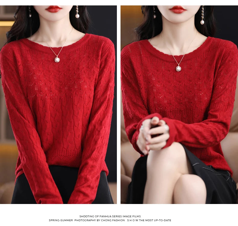 Worsted Wool Sweater Women's Spring 2023 New Western-Style Solid Color Round Neck Top With Long Sleeve Bottom Hollowed-Out Thin
