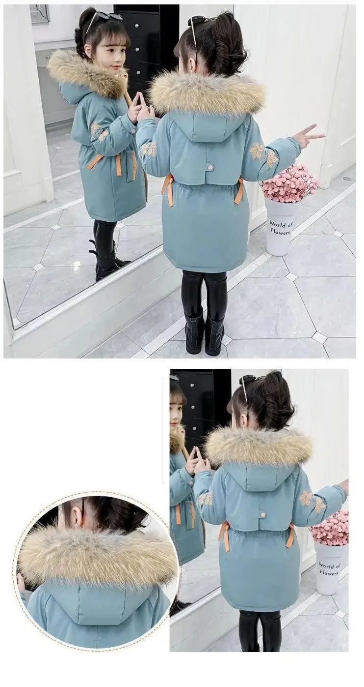 Winter Warm Jackets for Girls Two Colors Faux Fur Hooded Coat Kids White Duck Down Parkas Children Cotton Long Outwear