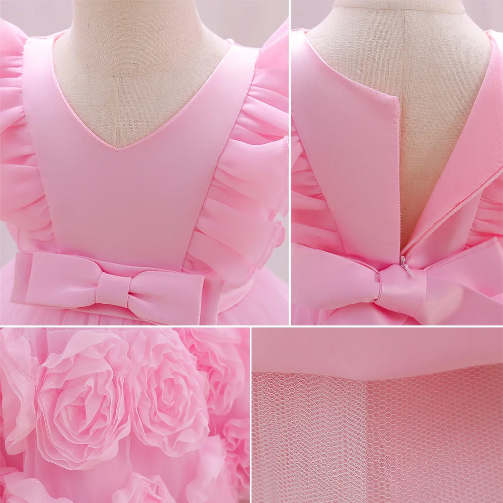 Elegant Party Dresses For Flower Girls Flying Sleeves Bow Puffy Princess Dress For Children Birthday Wedding Baptism Prom Gown