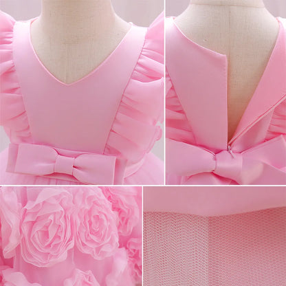 Elegant Party Dresses For Flower Girls Flying Sleeves Bow Puffy Princess Dress For Children Birthday Wedding Baptism Prom Gown